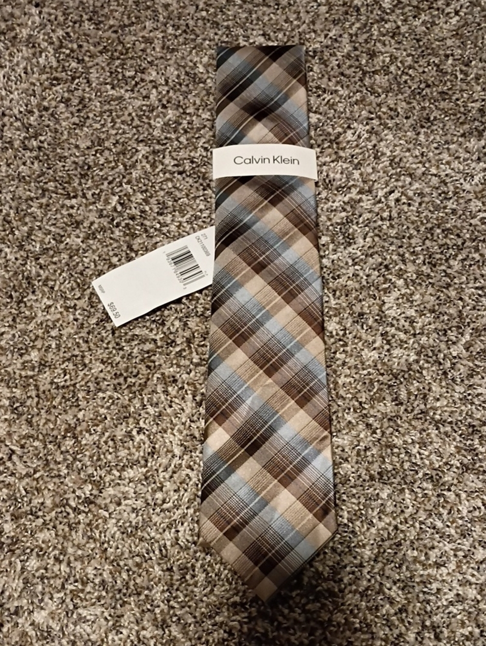 Calvin Klein Plaid Silk Tie in Brown and Light Blue